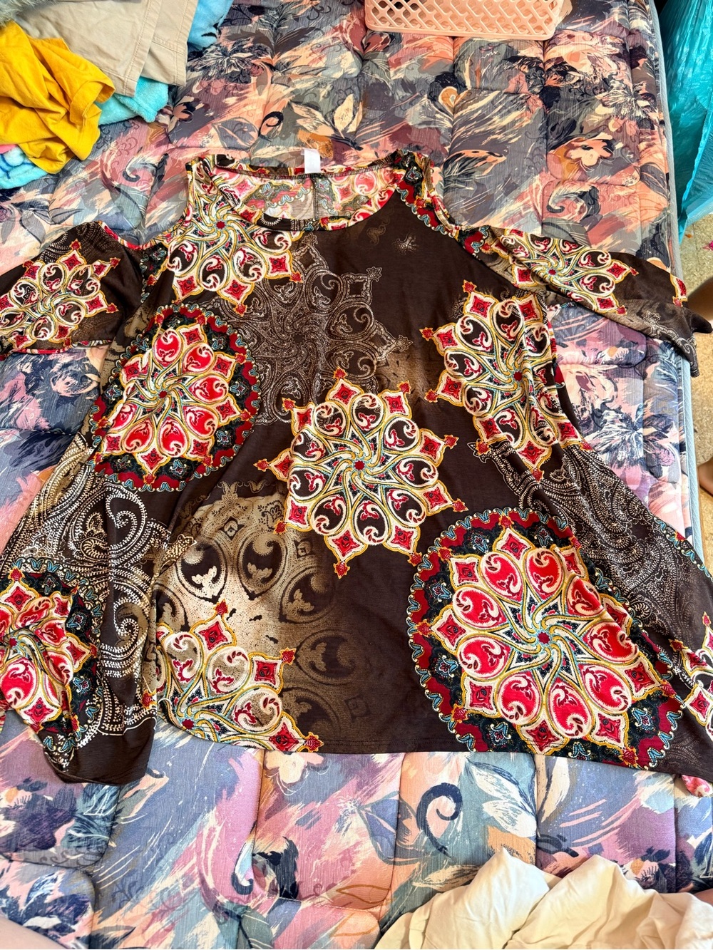 Black Cold-Shoulder Tunic with Red Medallion Print